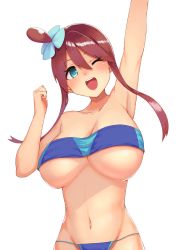 Rule 34 | arm up, armpits, bikini, blue bikini, blue eyes, breasts, cleavage, creatures (company), game freak, hair bun, happy, highres, large breasts, looking at viewer, masou, nintendo, open mouth, pokemon, pokemon bw, red hair, simple background, single hair bun, skyla (pokemon), smile, solo, strapless, swimsuit, tan, teeth, tube top, upper teeth only, white background