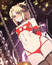 Rule 34 | 1girl, absurdres, arms behind back, blonde hair, bound, braid, breasts, chain, demon horns, demon wings, fate/apocrypha, fate (series), female focus, french braid, gag, gagged, green eyes, halloween costume, highres, horns, hyperbudd, improvised gag, long hair, looking at viewer, mordred (fate), mordred (fate/apocrypha), parted bangs, ponytail, restrained, sidelocks, small breasts, solo, standing, tearing up, tears, thighhighs, wings