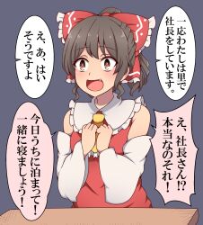 Rule 34 | 1girl, alternate hairstyle, ascot, bow, brown eyes, brown hair, clenched hands, commentary request, detached sleeves, fang, hair bow, hakurei reimu, highres, open mouth, ponytail, smile, solo, suwaneko, table, touhou, translation request, upper body, yellow ascot