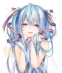 Rule 34 | 1girl, :d, bare arms, bare shoulders, black shirt, blue eyes, blue hair, blush, collared shirt, commentary request, hair between eyes, hair ribbon, half-closed eyes, hands in hair, hands up, hatsune miku, heart, highres, kuroi (liar-player), long hair, looking at viewer, open mouth, ribbon, shirt, simple background, sleeveless, sleeveless shirt, smile, solo, striped ribbon, twintails, twitter username, upper body, very long hair, vocaloid, white background