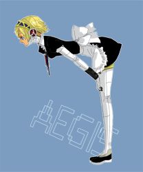 Rule 34 | aegis (persona), android, apron, atlus, bent over, blonde hair, blue eyes, maid, maid apron, persona, persona 3, short hair, simple background, solo, ten, ten (ch)