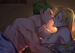 Rule 34 | 2boys, alternate hairstyle, blue eyes, blush, couple, facial hair, from side, goatee, green hair, hair over one eye, imminent kiss, male focus, multiple boys, muscular, muscular male, off shoulder, official alternate costume, one piece, pectorals, roronoa zoro, sanji (one piece), short hair, sorase (srsrs 000), sweatdrop, toned, toned male, undressing another, yaoi