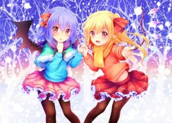 Rule 34 | 2girls, :d, alternate costume, bad id, bad twitter id, black legwear, blonde hair, blush, capelet, cowboy shot, crystal, flandre scarlet, foreshortening, frilled skirt, frills, fur trim, hair ribbon, holding hands, looking at viewer, miniskirt, multiple girls, no headwear, open mouth, pantyhose, pink skirt, pointy ears, purple hair, reaching, reaching towards viewer, red eyes, red ribbon, red skirt, remilia scarlet, ribbon, rimu (kingyo origin), scarf, short hair, siblings, side ponytail, sisters, skirt, slit pupils, smile, snowing, sweater, touhou, tree shade, triangle mouth, wings, yellow scarf