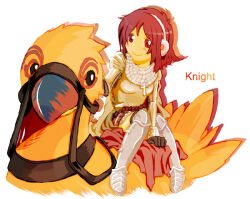 Rule 34 | 1girl, animal, armor, armored boots, bird, blush, boots, breastplate, brown cape, cape, chainmail, character name, closed mouth, commentary request, cross, earmuffs, full body, gauntlets, knight (ragnarok online), looking at viewer, medium bangs, minorigo flow, oversized animal, pauldrons, peco peco, ragnarok online, red eyes, red hair, reins, riding, riding bird, shoulder armor, simple background, sitting, smile, white background