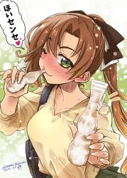 Rule 34 | 1girl, akigumo (kancolle), alternate costume, beige blouse, blush, brown hair, commentary request, green eyes, hair ribbon, highres, kantai collection, long hair, long sleeves, looking at viewer, mole, mole under eye, nose blush, one eye closed, ponytail, ribbon, sleeves rolled up, solo, takana shinno, translation request, tupet