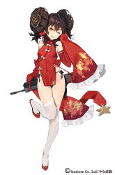 Rule 34 | 1girl, ;d, assault rifle, bare shoulders, black hair, black panties, breasts, bullpup, chinese clothes, covered navel, detached sleeves, double bun, full body, girls&#039; frontline, gun, hair bun, kishiyo, looking at viewer, official alternate costume, one eye closed, open mouth, panties, qbz-97, rifle, simple background, sleeves past wrists, smile, solo, thighhighs, type 97 (girls&#039; frontline), underwear, weapon, white background, white thighhighs, yellow eyes