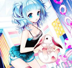 Rule 34 | 1girl, animal, aqua hair, blue eyes, blue hair, breasts, rabbit, cleavage, curtains, dress, dutch angle, female focus, gradient hair, indoors, lowres, matching hair/eyes, multicolored hair, nardack, open mouth, short hair, short twintails, shorts, solo, tank top, thighhighs, twintails
