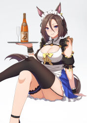 Rule 34 | 1girl, air groove (umamusume), alternate costume, animal ears, ankle strap, apron, asymmetrical legwear, bad id, bad twitter id, bare shoulders, black thighhighs, blue eyes, blue skirt, bow, breasts, brown hair, carrot juice, center opening, cleavage, crossed legs, dot nose, enmaided, forehead, frilled skirt, frills, garter straps, gold trim, grin, hair between eyes, highres, holding, holding tray, horse ears, horse girl, horse tail, juice, knees together feet apart, large breasts, maid, maid apron, maid headdress, o-ring, simple background, skirt, smile, solo, tail, thigh strap, thighhighs, thighs, tray, umamusume, vococo, white apron, white background, yellow bow