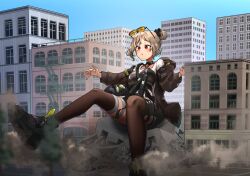 Rule 34 | 1girl, absurdres, black choker, brown jacket, brown thighhighs, building, choker, city, commission, destruction, double bun, eyewear on head, giant, giantess, girls&#039; frontline, hair bun, hanabusaraleigh, highres, jacket, light brown hair, long sleeves, open clothes, open jacket, outdoors, p90 (girls&#039; frontline), red eyes, second-party source, short hair, sitting, skeb commission, solo, sunglasses, thighhighs