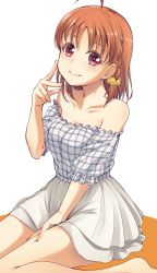 Rule 34 | 1girl, ahoge, arm up, bare shoulders, barefoot, braid, bright pupils, brown hair, cleavage, finger to cheek, highres, looking at viewer, love live!, love live! school idol festival, love live! sunshine!!, nanotsuki, off-shoulder shirt, off shoulder, parted lips, pink eyes, plaid, shirt, short hair, side braid, sitting, skirt, smile, solo, takami chika, teeth