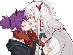 Rule 34 | 2girls, arknights, arm tattoo, bead bracelet, beads, black jacket, blush, bracelet, braid, colored skin, demon horns, dragon horns, ear piercing, closed eyes, french kiss, grabbing another&#039;s chin, hand on another&#039;s chin, highres, horns, jacket, jewelry, kiss, lava (arknights), long hair, mabing, multicolored hair, multiple girls, nian (arknights), open clothes, open jacket, piercing, pointy ears, ponytail, purple eyes, purple hair, red hair, red shirt, red skin, saliva, saliva trail, shirt, short hair, short twintails, sidelocks, simple background, streaked hair, sweatdrop, tattoo, tongue, tongue out, twintails, white background, white hair, white jacket, yuri