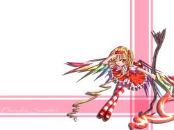 Rule 34 | 1girl, ascot, blonde hair, blush, character name, female focus, flandre scarlet, frilled skirt, frills, full body, hairband, laevatein, long hair, one eye closed, red eyes, red footwear, red skirt, same no hito, shoes, side ponytail, simple background, skirt, solo, striped clothes, striped thighhighs, thighhighs, touhou, very long hair, wings