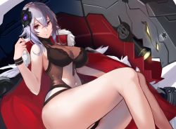 Rule 34 | 1girl, azur lane, bracelet, breasts, cleavage, clothing cutout, commentary, fur trim, graf zeppelin (azur lane), graf zeppelin (beachside urd) (azur lane), hair between eyes, hair ornament, jacket, jacket on shoulders, jewelry, lace, large breasts, lingerie, looking at viewer, lying, navel, navel cutout, on back, one-piece swimsuit, red eyes, revealing clothes, see-through, silver hair, sleeveless, solo, swimsuit, underwear, zukanosuke