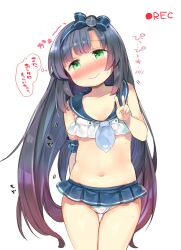 Rule 34 | 1girl, absurdres, arm behind back, bikini, bikini skirt, blue hair, blue hairband, blush, bow hairband, breasts, closed mouth, gradient hair, green eyes, hairband, highres, kantai collection, kibii mocha, long hair, looking at viewer, matsuwa (kancolle), multicolored hair, nose blush, purple hair, recording, sailor bikini, sailor collar, simple background, small breasts, solo, sweat, swimsuit, translation request, v, very long hair, white background