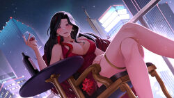 Rule 34 | 1girl, absurdres, black hair, bottle, breasts, building, cleavage, collarbone, crossed legs, cup, dress, dress flower, drinking glass, earrings, flower, game cg, gem, highres, holding, holding cup, jewelry, landacdeus, large breasts, long hair, mole, mole on breast, mole under eye, multicolored hair, necklace, nijisanji, nijisanji en, on chair, parted lips, red dress, red eyes, red flower, red gemstone, red hair, red wine, scarle yonaguni, second-party source, sitting, sky, skyscraper, sleeveless, sleeveless dress, solo, star (sky), starry sky, streaked hair, table, thighlet, virtual youtuber, wine, wine bottle, wine glass