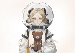Rule 34 | 1girl, arknights, artist name, black gloves, blonde hair, demon horns, gloves, hand up, highres, holding, holding stuffed toy, horns, ifrit (arknights), long sleeves, looking at viewer, orange eyes, short hair, short twintails, simple background, solo, spacesuit, stuffed animal, stuffed toy, teddy bear, twintails, weekend-nor, white background