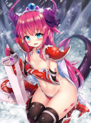 Rule 34 | 1girl, armor, armored boots, bikini, bikini armor, black gloves, black thighhighs, blue eyes, blush, body markings, boots, cape, cold, collar, collarbone, commentary request, covering breasts, covering privates, curled horns, dragon girl, dragon horns, dragon tail, elbow gloves, elizabeth bathory (brave) (fate), elizabeth bathory (fate), fang, fate/grand order, fate (series), fingerless gloves, flat chest, ghost, gloves, groin, hair ribbon, hand up, highres, holding, holding sword, holding weapon, horns, jewelry, long hair, looking at viewer, milkshakework, navel, open mouth, pendant, pink hair, planted, planted sword, planted weapon, pointy ears, purple ribbon, red armor, red bikini, red collar, red footwear, ribbon, shield, shiny skin, shoulder armor, sidelocks, sitting, snow, snowing, solo, spikes, stomach, swimsuit, sword, tail, tears, thighhighs, tiara, two side up, vambraces, very long hair, wardrobe malfunction, wariza, wavy mouth, weapon, white cape, wide hips