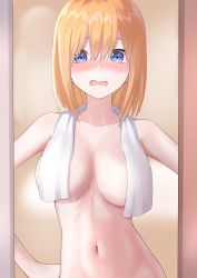 Rule 34 | 1girl, bare shoulders, blue eyes, blush, breasts, go-toubun no hanayome, hair between eyes, highres, large breasts, looking at viewer, marinesnow, medium hair, nakano yotsuba, naked towel, navel, neck, open mouth, orange hair, out-of-frame censoring, solo, standing, towel, towel around neck, wet