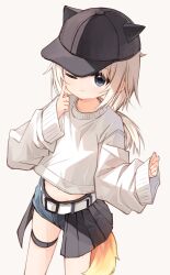Rule 34 | 1girl, ;), animal ears, animal hat, baseball cap, belt, belt buckle, black hat, black skirt, blue eyes, blue shorts, buckle, closed mouth, fake animal ears, gradient background, grey background, grey hair, hand up, hat, highres, index finger raised, long hair, long sleeves, low ponytail, one eye closed, original, pleated skirt, ponytail, puffy long sleeves, puffy sleeves, red girl (yuuhagi (amaretto-no-natsu)), shirt, short shorts, shorts, showgirl skirt, skirt, sleeves past wrists, smile, solo, tail, white belt, white shirt, yuuhagi (amaretto-no-natsu)