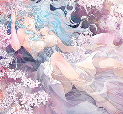 Rule 34 | 1girl, bad id, bad pixiv id, barefoot, blue hair, breasts, dress, flower, kai (artist), kai (linking), large breasts, see-through, solo, strapless, strapless dress, water, wet