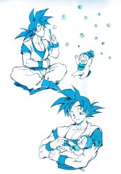 Rule 34 | 10s, 1boy, 1girl, :d, ^ ^, age difference, arms up, baby, baby carry, bad id, bad pixiv id, blue theme, blush, boots, bubble, carrying, closed eyes, crossed legs, dougi, dragon ball, dragon ball super, dragonball z, full body, gradient background, grandfather and granddaughter, hano (hanos91), happy, height difference, highres, monochrome, open mouth, pan (dragon ball), ponytail, short hair, simple background, sitting, smile, son goku, spiked hair, white background, white theme, wristband