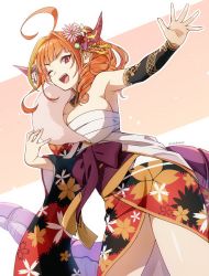 Rule 34 | 1girl, ahoge, artist name, blonde hair, blunt bangs, bow, bracer, breasts, cleavage, detached collar, diagonal-striped bow, dragon horns, dragon tail, drill hair, flower, hair flower, hair ornament, highres, hololive, horns, japanese clothes, kimono, kiryu coco, kiryu coco (new year), large breasts, looking down, multicolored hair, obi, official alternate costume, one eye closed, open mouth, pink flower, pointy ears, red eyes, sash, single sleeve, solo, streaked hair, sushida hayari, tail, virtual youtuber, wide sleeves, yukata