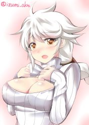 Rule 34 | 10s, 1girl, alternate costume, blush, braid, breasts, cleavage cutout, clothing cutout, embarrassed, hand on own chest, izumi akane, kantai collection, large breasts, looking at viewer, meme attire, nose blush, open-chest sweater, open mouth, ribbed sweater, silver hair, single braid, solo, sweater, turtleneck, twitter username, unryuu (kancolle), wavy hair, yellow eyes