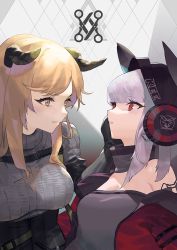Rule 34 | 2girls, animal ears, arknights, bare shoulders, blonde hair, breasts, brown eyes, commentary, fox ears, frostleaf (arknights), grey shirt, grey sweater, horns, kyma curry, long hair, looking at another, medium breasts, meteorite (arknights), multiple girls, off-shoulder shirt, off shoulder, parted lips, red eyes, ribbed sweater, shirt, silver hair, small breasts, sweater, turtleneck, turtleneck sweater, upper body