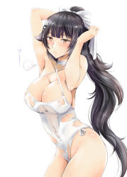 Rule 34 | 1girl, puff of air, arino hiroshi, armpits, azur lane, blush, breasts, closed mouth, cowboy shot, hair flaps, highres, large breasts, long hair, looking at viewer, navel, one-piece swimsuit, ponytail, see-through, sidelocks, simple background, solo, swimsuit, takao (azur lane), takao (beach rhapsody) (azur lane), tsurime, very long hair, white background, white one-piece swimsuit