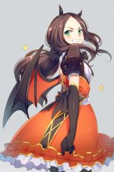 Rule 34 | 1girl, alternate costume, black bow, black gloves, bow, bowtie, brown hair, echo (circa), elbow gloves, fate/grand order, fate (series), floating hair, frilled skirt, frills, from behind, gloves, green eyes, grey background, grin, halloween, halloween costume, horns, leonardo da vinci (fate), leonardo da vinci (fate/grand order), leonardo da vinci (rider) (fate), long hair, looking at viewer, orange skirt, parted bangs, ponytail, short sleeves, simple background, skirt, smile, solo, standing, wings