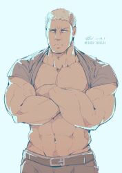 Rule 34 | 1boy, abs, alternate muscle size, bara, bare pectorals, biceps, blonde hair, canyne khai, character name, clothes lift, cowboy shot, crossed arms, frown, highres, large pectorals, looking to the side, male focus, muscular, muscular male, navel, navel hair, pectorals, reiner braun, shingeki no kyojin, shirt behind neck, shirt lift, short hair, sketch, solo, stomach, triceps