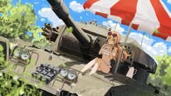 Rule 34 | 1girl, absurdres, beach umbrella, bikini, blonde hair, blowing, blue archive, blue sky, blurry, blurry background, breasts, centurion (tank), cloud, commentary request, cup, eyewear on head, frilled bikini, frills, halo, harrywang37, hifumi (blue archive), hifumi (swimsuit) (blue archive), highres, knees up, military vehicle, motor vehicle, mug, navel, official alternate costume, round eyewear, sandals, sitting, sky, small breasts, solo, steam, stomach, sunglasses, swimsuit, tank, teapot, tree, umbrella, white bikini, yellow eyes