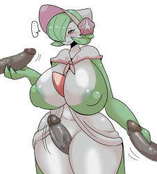 Rule 34 | ..., 1girl, 3others, blush, breasts, censored, creatures (company), embarrassed, frottage, furry, furry female, furry with non-furry, game freak, gardevoir, gen 3 pokemon, grabbing, green hair, hair over one eye, hat, heart, heart censor, highres, huge penis, interspecies, inumatori, large areolae, large breasts, large nipples, looking at viewer, medium hair, mosaic censoring, multiple others, nintendo, penis, penis grab, pokemon, pokemon rse, rubbing, simple background, speech bubble, white background