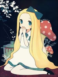Rule 34 | 1girl, alice (alice in wonderland), alice in wonderland, apron, ayu (mog), black footwear, blonde hair, blue apron, blue bow, bow, branch, covering own mouth, hair bow, hands up, long hair, looking at viewer, mushroom, pantyhose, pot, shoes, signature, sitting, solo, very long hair, white apron, white pantyhose