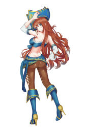 Rule 34 | 1girl, absurdres, ass, bare shoulders, black pants, blue eyes, boots, breasts, hat, high heel boots, high heels, highres, league of legends, long hair, pants, pirate hat, red hair, miss fortune (league of legends), solo