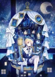 Rule 34 | 1boy, blonde hair, book, bow, bug, butterfly, cage, child, city lights, curtains, framed image, framed insect, frilled skirt, frills, full body, glint, hat, highres, hitoba, holding, holding book, insect, insect collection, insect pin, kodona, light particles, lolita fashion, long sleeves, looking at viewer, male focus, moon, original, picture frame, pinned, puffy sleeves, short hair, shorts, sitting, skirt, socks, solo, sparkle, wariza, white socks, window