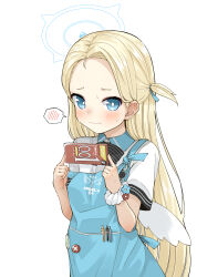 Rule 34 | 1girl, apron, blonde hair, blue apron, blue archive, blue eyes, blue halo, blush, breasts, bright pupils, closed mouth, commentary, condom box, forehead, halo, highres, leafy (kitsuneya), long hair, looking at viewer, one side up, scrunchie, shirt, short sleeves, small breasts, solo, sora (blue archive), speech bubble, spoken blush, sweat, upper body, white background, white pupils, white scrunchie, white shirt, wrist scrunchie