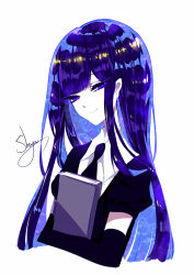 Rule 34 | 1other, absurdres, androgynous, artist name, black gloves, black necktie, black shirt, blue eyes, blue hair, blunt bangs, book, commentary, cropped torso, elbow gloves, eyelashes, gem uniform (houseki no kuni), gloves, head tilt, highres, holding, holding book, houseki no kuni, lapis lazuli (houseki no kuni), long hair, looking at viewer, necktie, pale skin, puffy short sleeves, puffy sleeves, sheya, shirt, short sleeves, sidelocks, signature, simple background, smile, solo, upper body, white background, wing collar