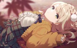 Rule 34 | 1girl, blonde hair, blurry, blurry background, blurry foreground, braid, breasts, buttons, commentary request, depth of field, dress, frills, green eyes, hair ornament, high-waist skirt, highres, indie virtual youtuber, long hair, long sleeves, looking at viewer, lying, mochimiya (coyo), neck ribbon, on back, open mouth, parted lips, plaid, plaid dress, pom pom (clothes), pom pom hair ornament, ribbon, shigure ui (vtuber) (casual), shigure ui (vtuber), shirt, skirt, sleeves past wrists, solo, virtual youtuber, white shirt