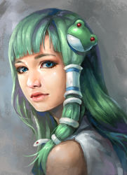 Rule 34 | 1girl, blue eyes, expressionless, eyelashes, frog hair ornament, green hair, grey background, hair ornament, highres, kochiya sanae, lips, long hair, looking at viewer, looking to the side, nose, pandawei, portrait, realistic, snake hair ornament, solo, touhou