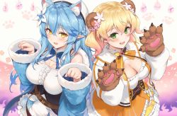 2girls, animal ear fluff, animal ears, blonde hair, blue hair, breasts, cat ears, cleavage, cleavage cutout, clothing cutout, commentary request, flower, gloves, green hair, hair between eyes, hair flower, hair ornament, hands up, haoni, highres, hololive, kemonomimi mode, large breasts, long hair, long sleeves, looking at viewer, momosuzu nene, multiple girls, open mouth, orange skirt, paw gloves, paw pose, paws, pointy ears, short hair, skirt, smile, virtual youtuber, yellow eyes, yukihana lamy