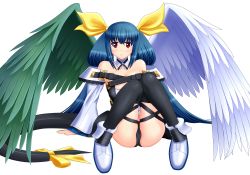 Rule 34 | 1girl, arc system works, ass, asymmetrical wings, bare shoulders, blue hair, blush, boots, bow, breasts, detached sleeves, dizzy (guilty gear), guilty gear, guilty gear xrd, guilty gear xrd: revelator, hair ribbon, highres, long hair, looking at viewer, panties, red eyes, ribbon, shiny clothes, shiny skin, simple background, sitting, smile, solo, tail, tail ornament, tail ribbon, thighhighs, twintails, underwear, very long hair, white background, wings, wiz (shadow)