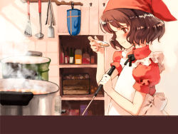 Rule 34 | 1girl, apron, bandana, blush, brown eyes, brown hair, cook, cooking, food, kitchen, ladle, lina junhers, littlewitch, ooyari ashito, quartett!, short hair, solo, whisk