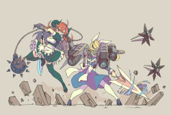 Rule 34 | 2girls, ball and chain (weapon), battle, blonde hair, blue eyes, breasts, cleavage, demon horns, dual wielding, fin funnels, flat color, full body, green legwear, grey background, ground shatter, hair ribbon, holding, horns, jumping, long hair, maid, mecha musume, medium breasts, multiple girls, orange hair, original, pas (paxiti), reverse grip, ribbon, spiked ball and chain, sword, thighhighs, thrusters, unfinished, weapon, white legwear