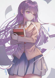 Rule 34 | 1girl, absurdres, blue skirt, book, brown jacket, closed mouth, crossed arms, doki doki literature club, hair ornament, hairclip, highres, holding, holding book, jacket, long hair, looking to the side, paper, purple eyes, purple hair, school uniform, skirt, solo, wny (wnys art), yuri (doki doki literature club)