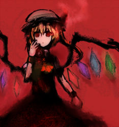 Rule 34 | 1girl, :o, blonde hair, empty eyes, expressionless, female focus, flandre scarlet, hand on own face, hat, hata, masa (neku), no nose, red theme, solo, embodiment of scarlet devil, touhou, wings, wristband