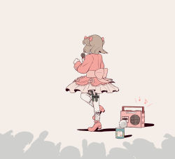 Rule 34 | 1girl, 6+others, absurdres, avogado6, beige background, belt bow, bow, brown hair, busking, can, commentary request, dancing, dress, frilled dress, frilled kneehighs, frilled sleeves, frills, from behind, full body, hair bow, hands up, highres, holster, knee up, kneehighs, knife, knife sheath, knife sheath, layered dress, long sleeves, medium hair, microphone, multiple others, music, musical note, original, pink bow, pink dress, pink footwear, pleated dress, radio, shadow, sheath, short twintails, simple background, singing, socks, solo focus, thigh holster, twintails, white socks