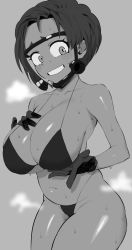 Rule 34 | 1girl, bikini, boku no hero academia, breasts, bubble girl (boku no hero academia), caevery, female focus, gloves, hand on own chest, highres, large breasts, looking at viewer, mask, monochrome, short hair, smile, steaming body, sweat, swimsuit