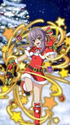 Rule 34 | 10s, 1girl, :d, boots, bow, bowtie, brown eyes, capelet, christmas, christmas tree, dress, floating hair, gloves, hair between eyes, hair bow, head tilt, hiiragi shinoa, holding, holding lantern, knee boots, lantern, leg up, long hair, looking at viewer, night, open mouth, outdoors, owari no seraph, purple hair, red bow, red bowtie, red dress, red footwear, red gloves, santa boots, santa costume, santa gloves, short dress, sky, sleeveless, sleeveless dress, smile, snow, solo, standing, standing on one leg, star (sky), starry sky, striped, striped bow
