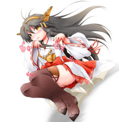 Rule 34 | 1girl, aiguillette, anbee (arary), black hair, blush, boots, breath, brown footwear, detached sleeves, embarrassed, female focus, frilled skirt, frills, full body, hair between eyes, hair ornament, hairclip, hands up, haruna (kancolle), headgear, highres, japanese clothes, kantai collection, knees up, long hair, looking at viewer, lying, miniskirt, nontraditional miko, on back, open mouth, panties, peeing, peeing self, puddle, red skirt, ribbon-trimmed sleeves, ribbon trim, sash, simple background, skirt, solo, steam, sweat, tears, teeth, thigh boots, thighhighs, trembling, underwear, wet, wet clothes, wet panties, white background, white panties, yellow eyes